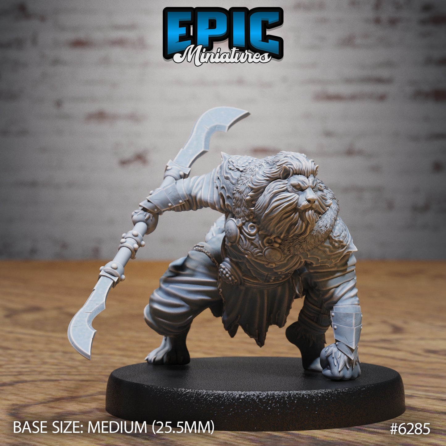 Leonin fighter miniature crouched battle stance gripping curved blade armored lionfolk warrior Dungeons and Dragons resin tabletop miniature medium base