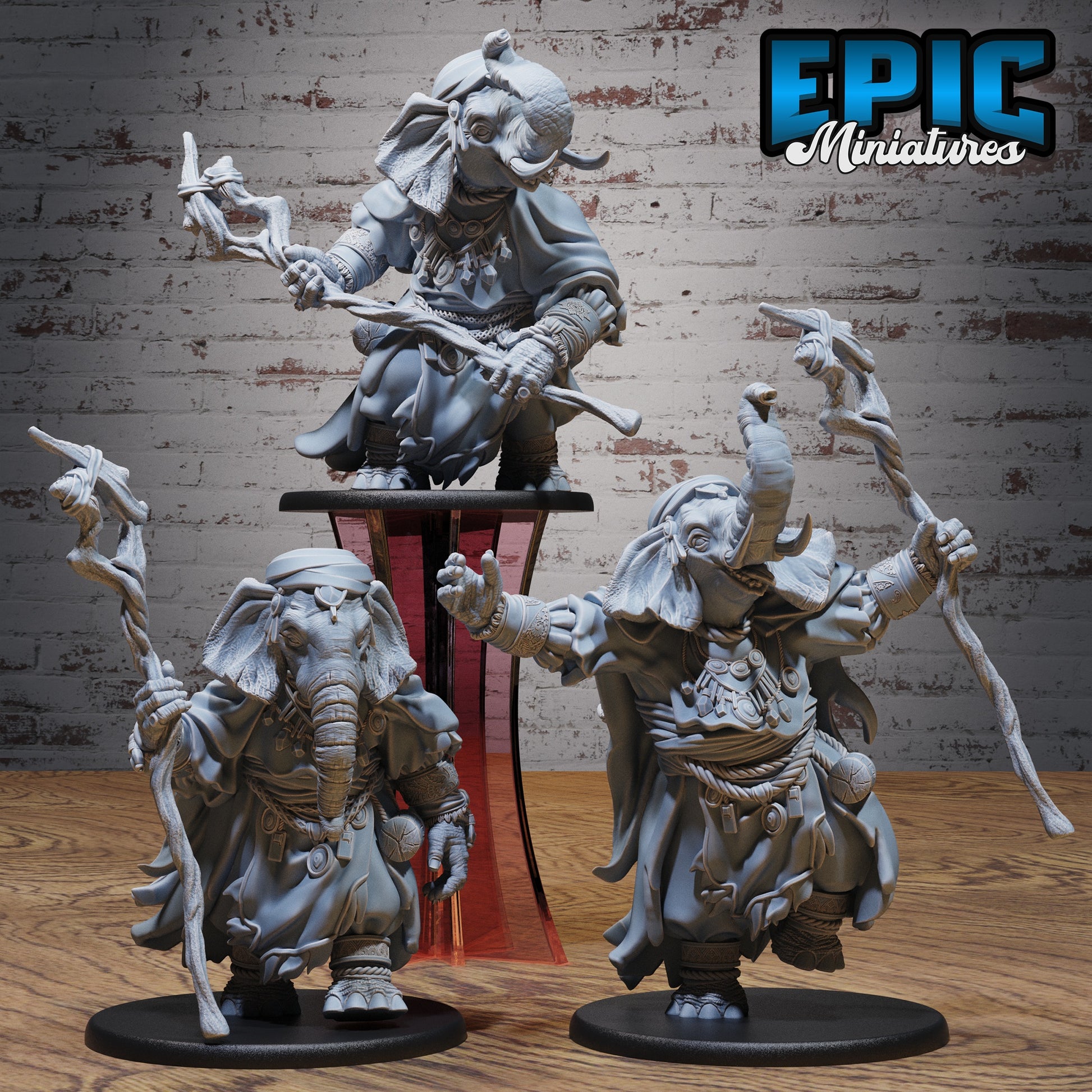 Loxodon druid miniature trio walking pose combat pose ritual casting pose resin tabletop miniature for Dungeons and Dragons