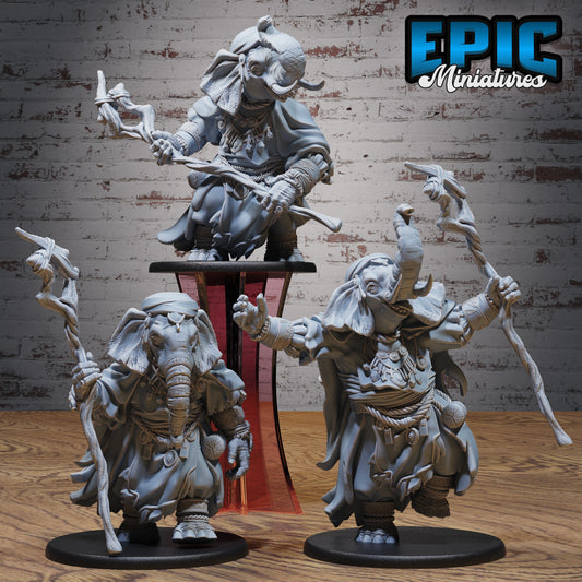 Loxodon druid miniature trio walking pose combat pose ritual casting pose resin tabletop miniature for Dungeons and Dragons