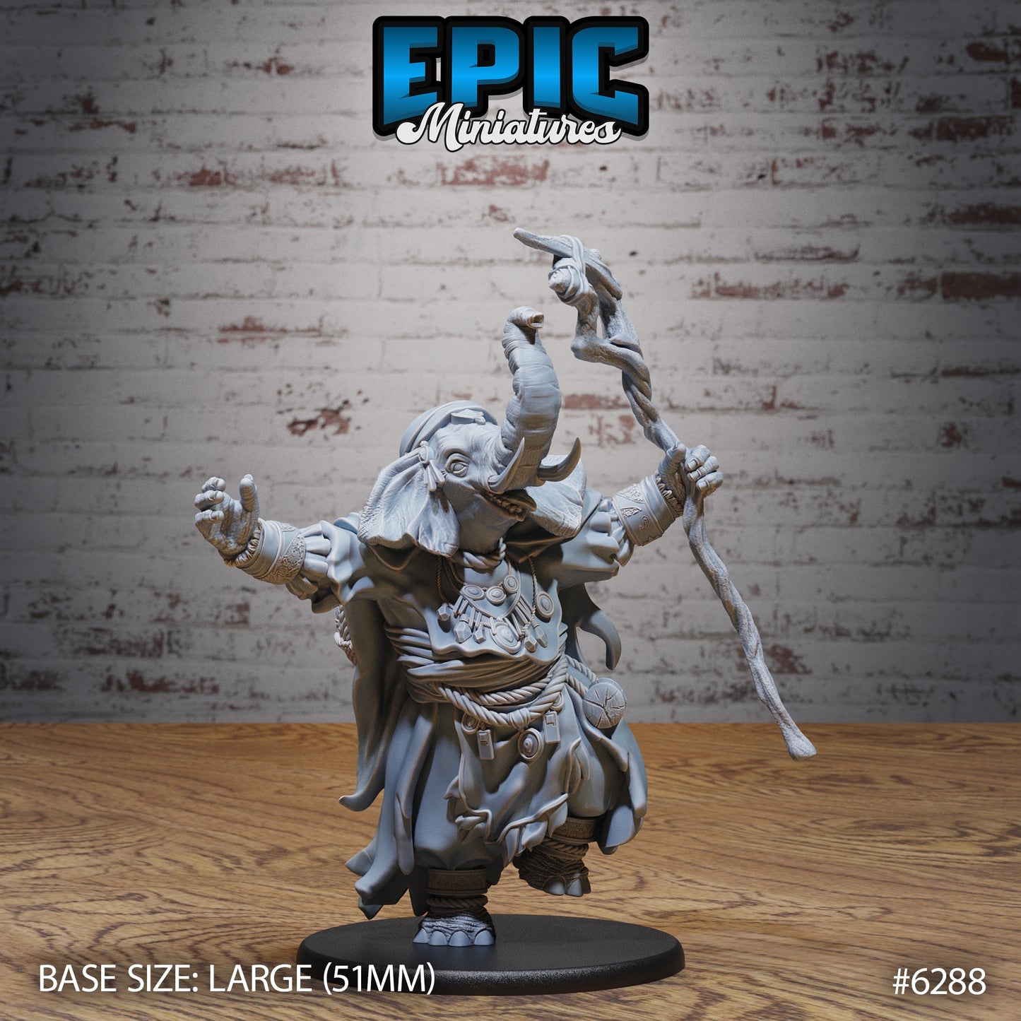 Loxodon druid miniature ritual casting pose arms raised staff lifted flowing robes elephant folk spellcaster Dungeons and Dragons resin tabletop miniature large base