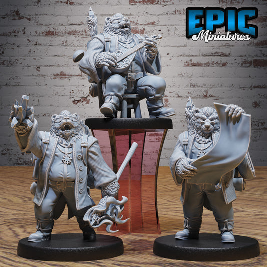 Bear bard anthropomorphic miniature trio map pose magic casting pose lute playing pose resin tabletop miniature for Dungeons and Dragons