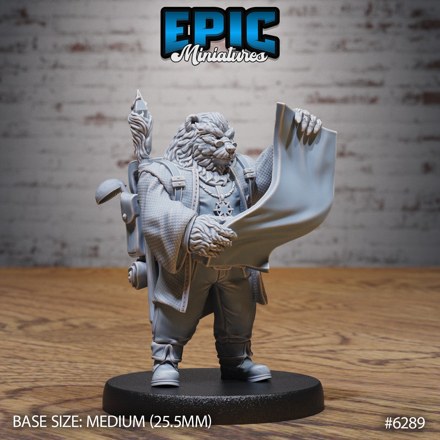 Anthropomorphic bear bard miniature holding parchment writ or poem and walking staff backpack gear fantasy Dungeons and Dragons resin tabletop miniature medium base