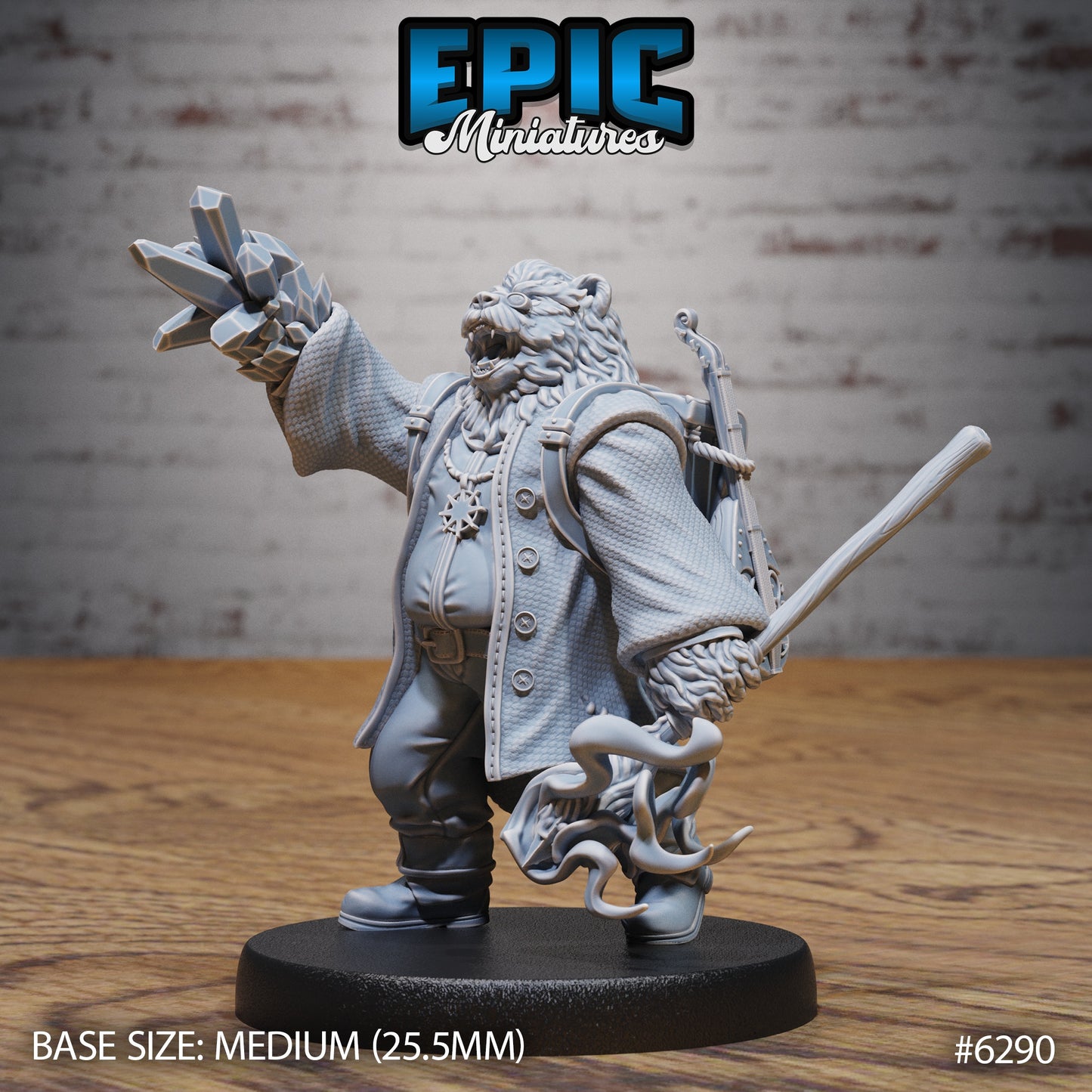 Anthropomorphic bear bard miniature casting magic holding crystal cluster and staff spell effect Dungeons and Dragons resin tabletop miniature medium base