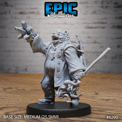 Anthropomorphic bear bard miniature casting magic holding crystal cluster and staff spell effect Dungeons and Dragons resin tabletop miniature medium base