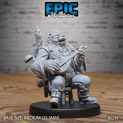 Anthropomorphic bear bard miniature seated playing lute singing pose traveling gear Dungeons and Dragons resin tabletop miniature medium base