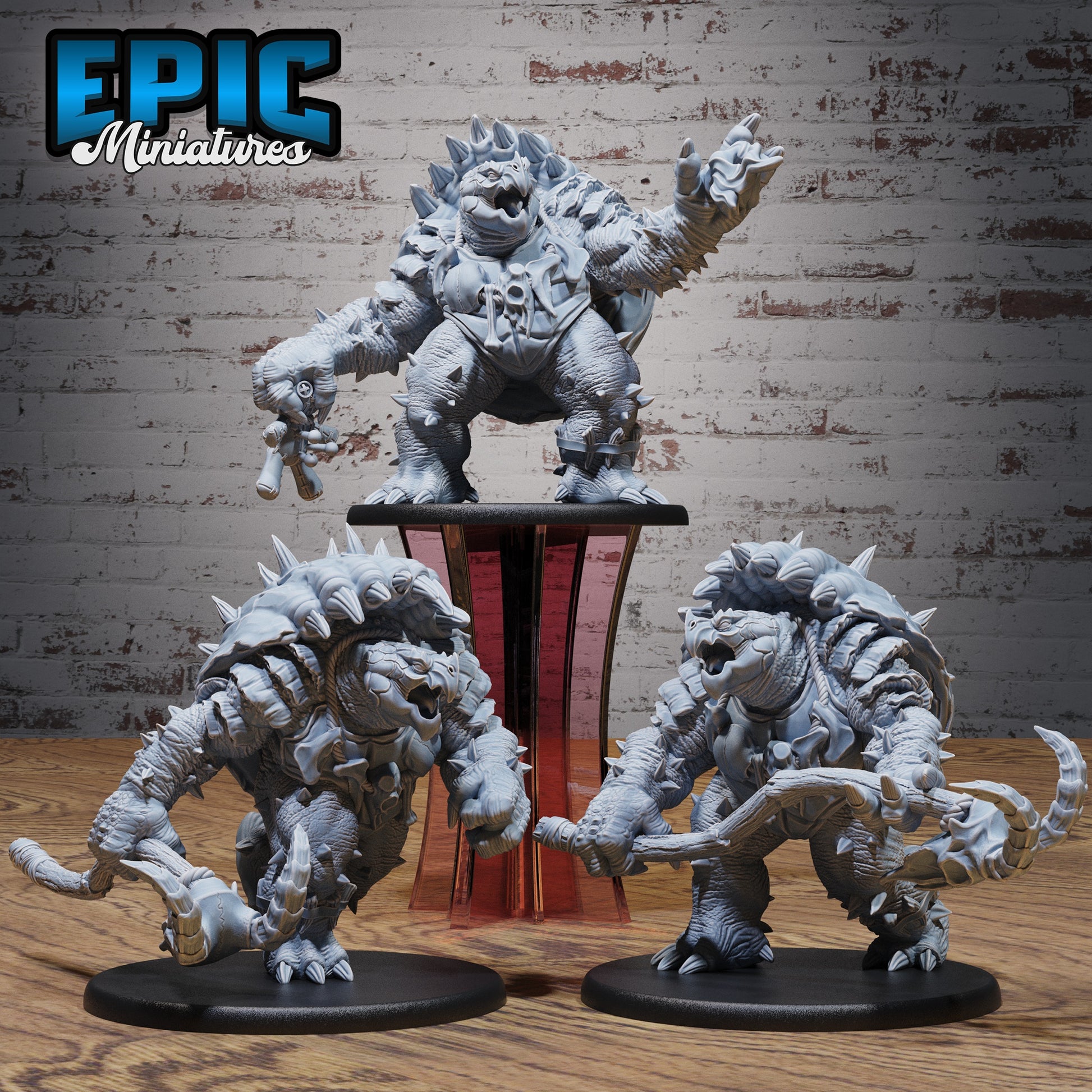 Elder turtle folk monster miniature trio staff pose spellcasting pose charging pose resin tabletop miniature for Dungeons and Dragons