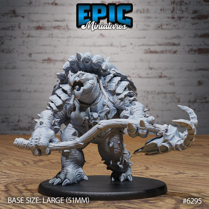 Elder turtle folk monster miniature large reptilian warrior holding bone staff spiked shell plated armor Dungeons and Dragons resin miniature large base