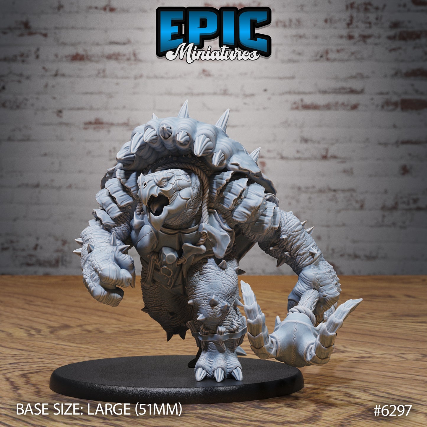 Elder turtle folk monster miniature large charging pose wielding bone mace spiked shell reptilian brute Dungeons and Dragons resin miniature large base