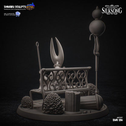 Hornet Hollow Knight Silksong 1:8 scale statue back view, seated on ornate bench with needle weapon, detailed base featuring lantern and foliage.
