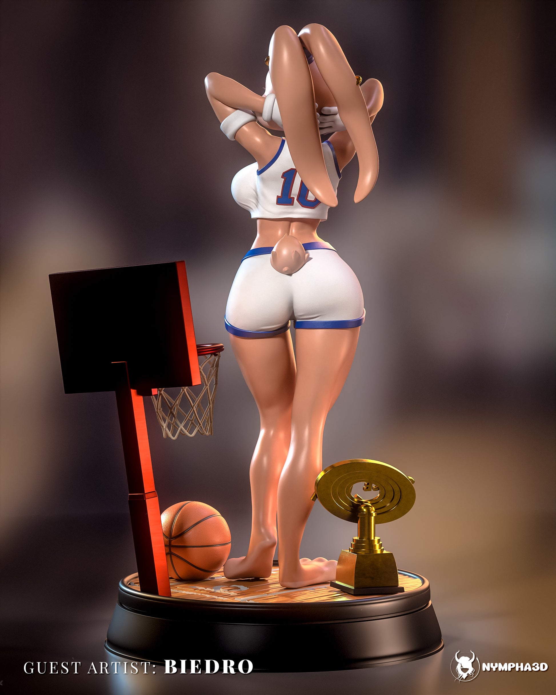 Lola Bunny SFW version rear angle showing basketball outfit, hoop prop, court base, trophy, and character pose.