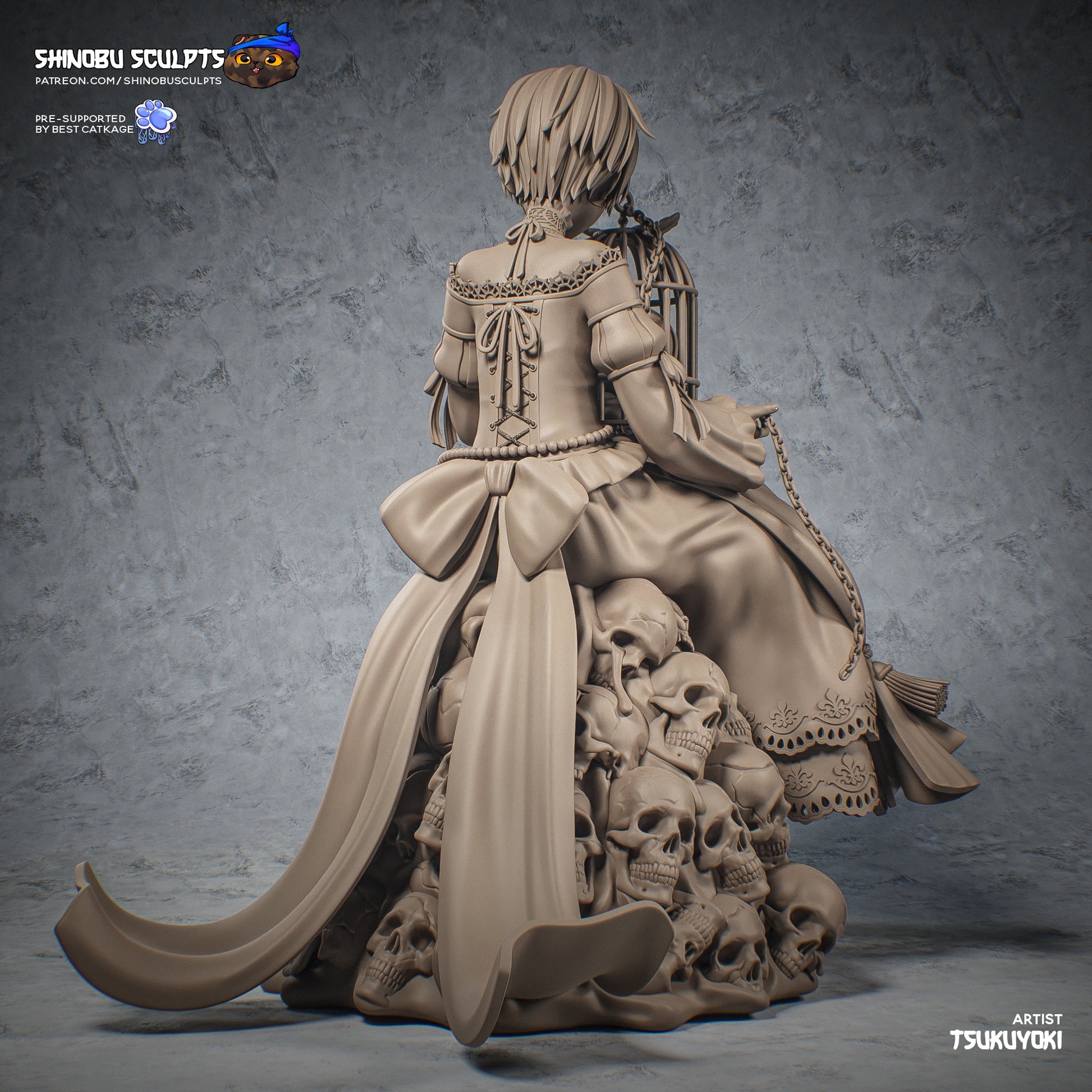 Ciel Phantomhive 1:8 scale figure rear view sitting on skull base, Victorian dress, large bow, lace details, birdcage accessory.
