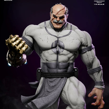 Colored render view of Conquest in dynamic mid-stride, clenching his gauntlet with battle damage on his face and veins bulging across his gray costume.