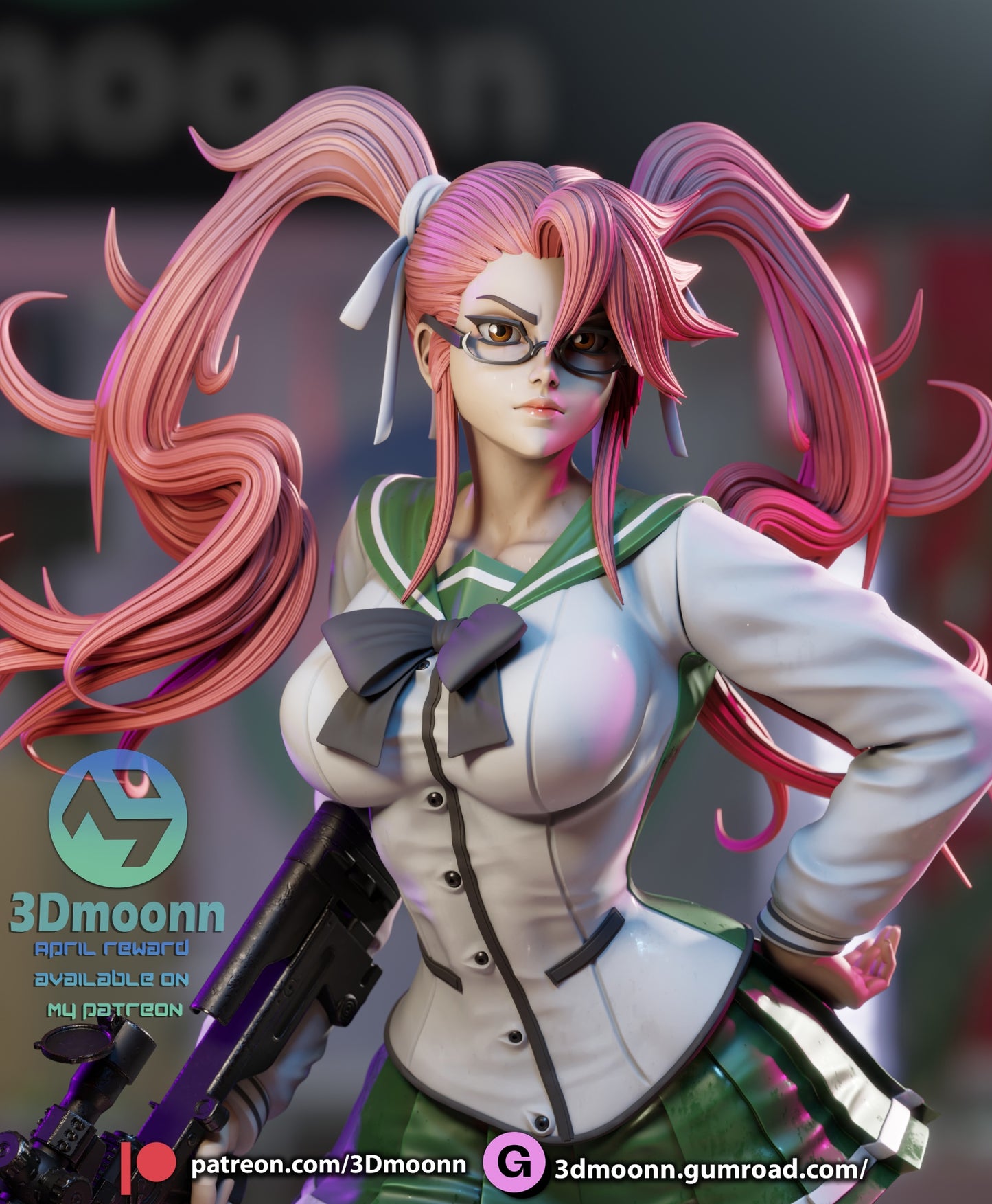 Saya Takagi in her school uniform, showing detailed sculpting of her top, facial expression, and glasses, with rifle and twin ponytails visible.