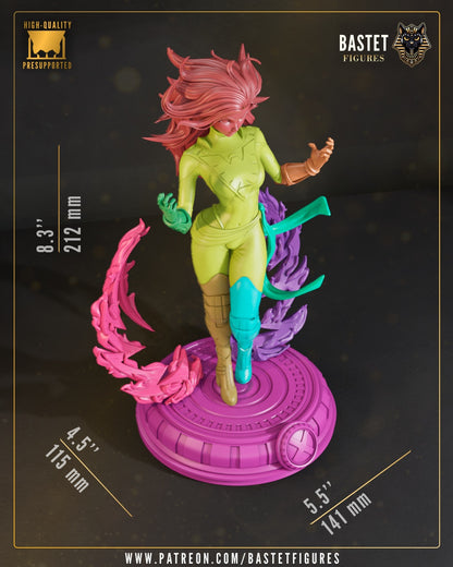 Dark Phoenix Marvel X-Men 1:8 scale collectible figure with flowing hair, detailed bodysuit, and energy flame effects on round X-Men base.