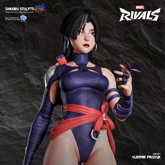 Psylocke Marvel Rivals 1:8 scale figure close-up render showing her detailed bodysuit, red sash, and butterfly-shaped psychic energy effect.
