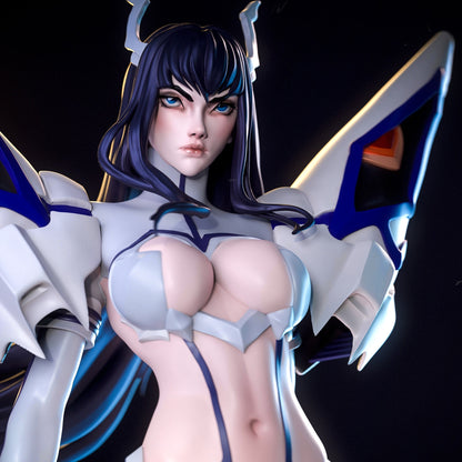 Close-Up: Detailed close-up of Satsuki Kiryuin’s face, armor, and upper body, highlighting her confident expression and sleek white-and-blue suit.