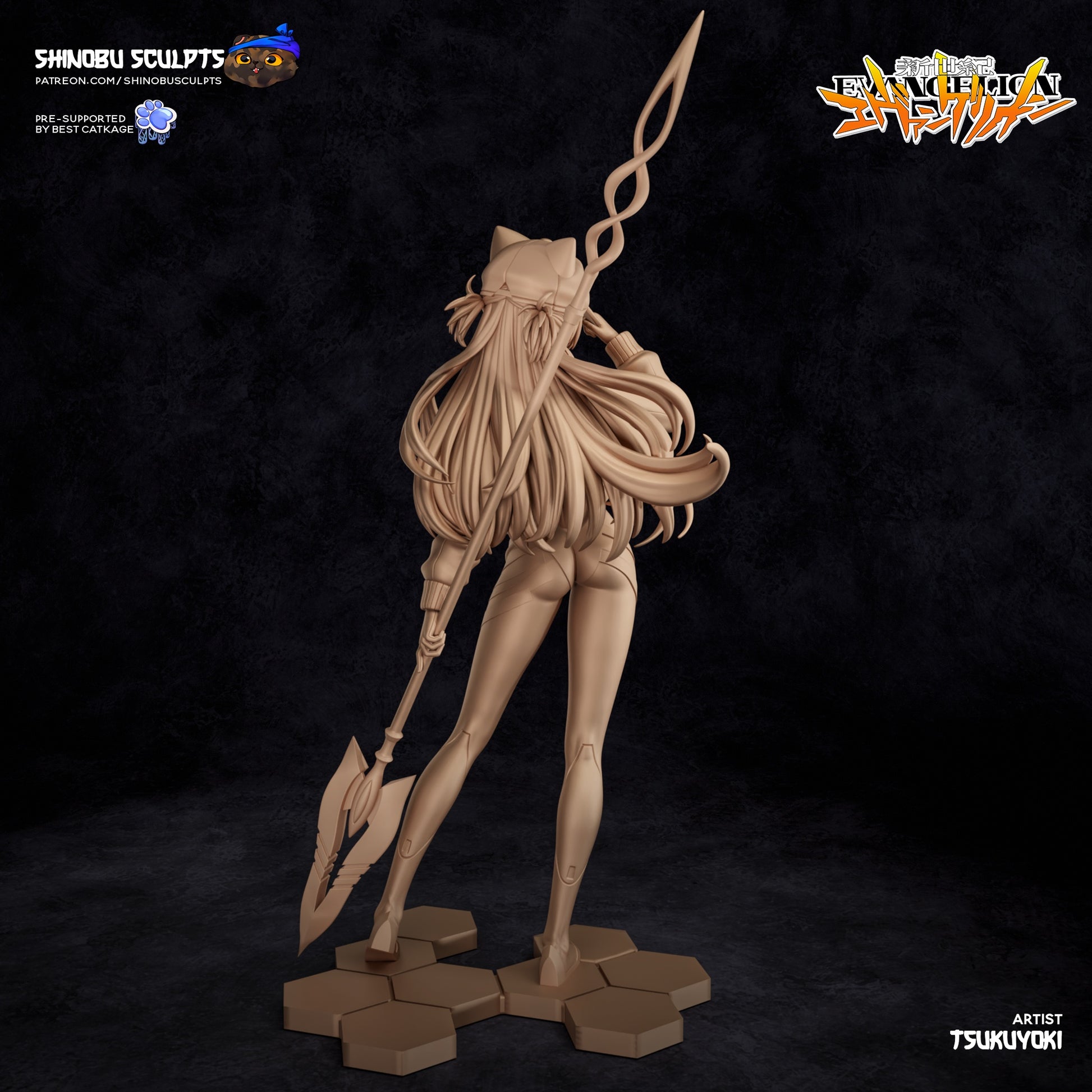 Rear view of unpainted Asuka Langley figure holding the Lance of Longinus with flowing hair and dynamic pose.