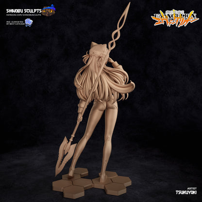 Rear view of unpainted Asuka Langley figure holding the Lance of Longinus with flowing hair and dynamic pose.