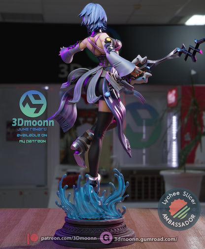 Rear view of Aqua figure showing Keyblade, flowing ribbons, and detailed corset from behind.