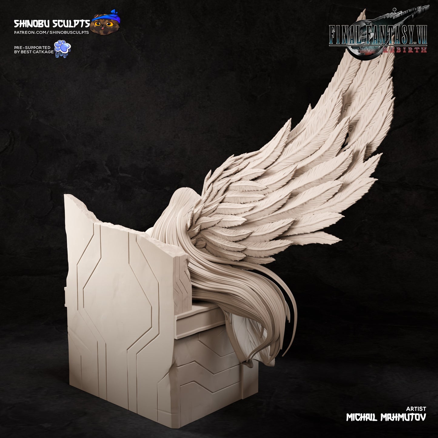 Rear unpainted view of Sephiroth 1:8 scale collectible, highlighting wing feathers and long flowing hair over throne.