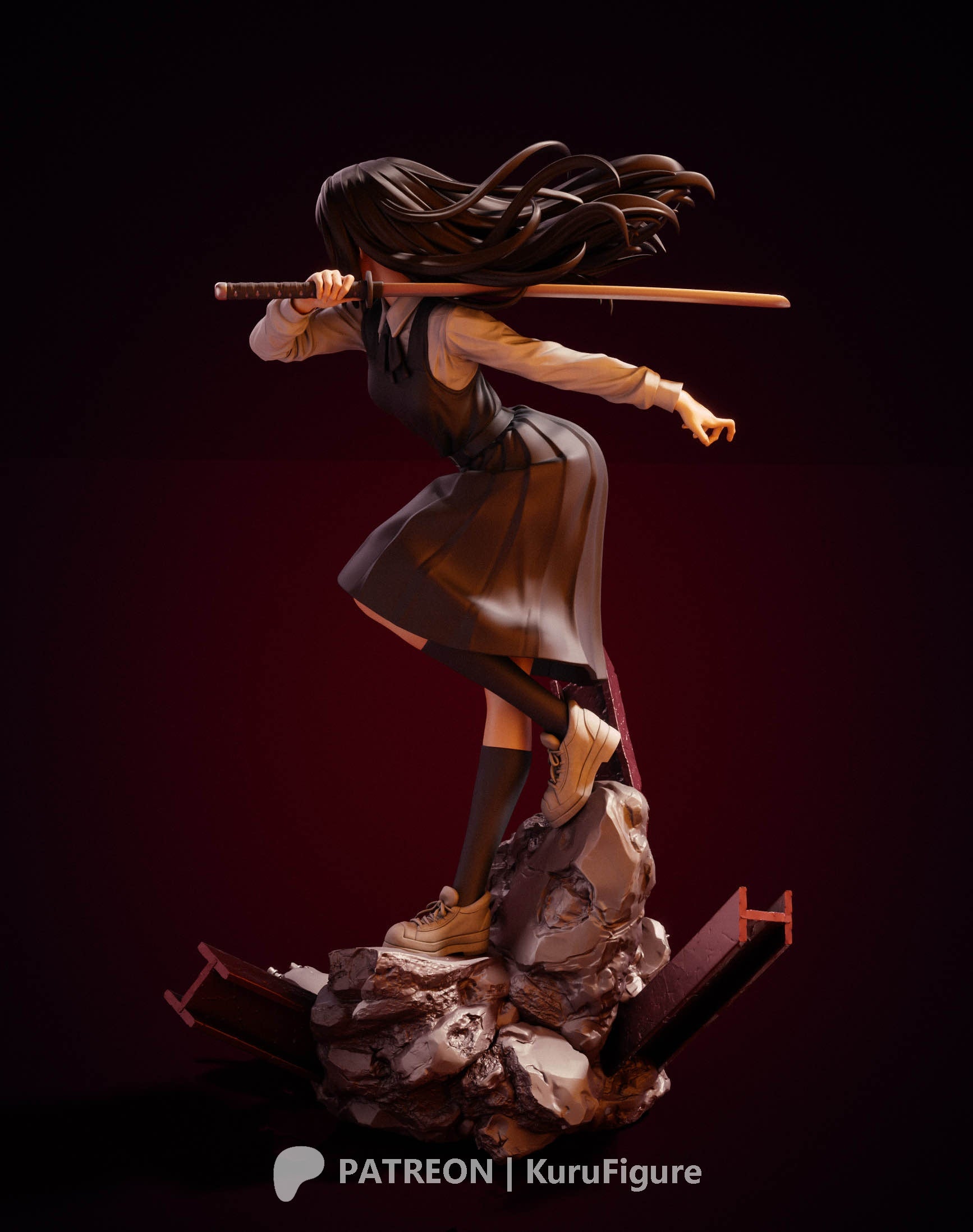 Asa Mitaka Chainsaw Man figure rear view showing hair motion, sword position, and detailed damaged rubble base