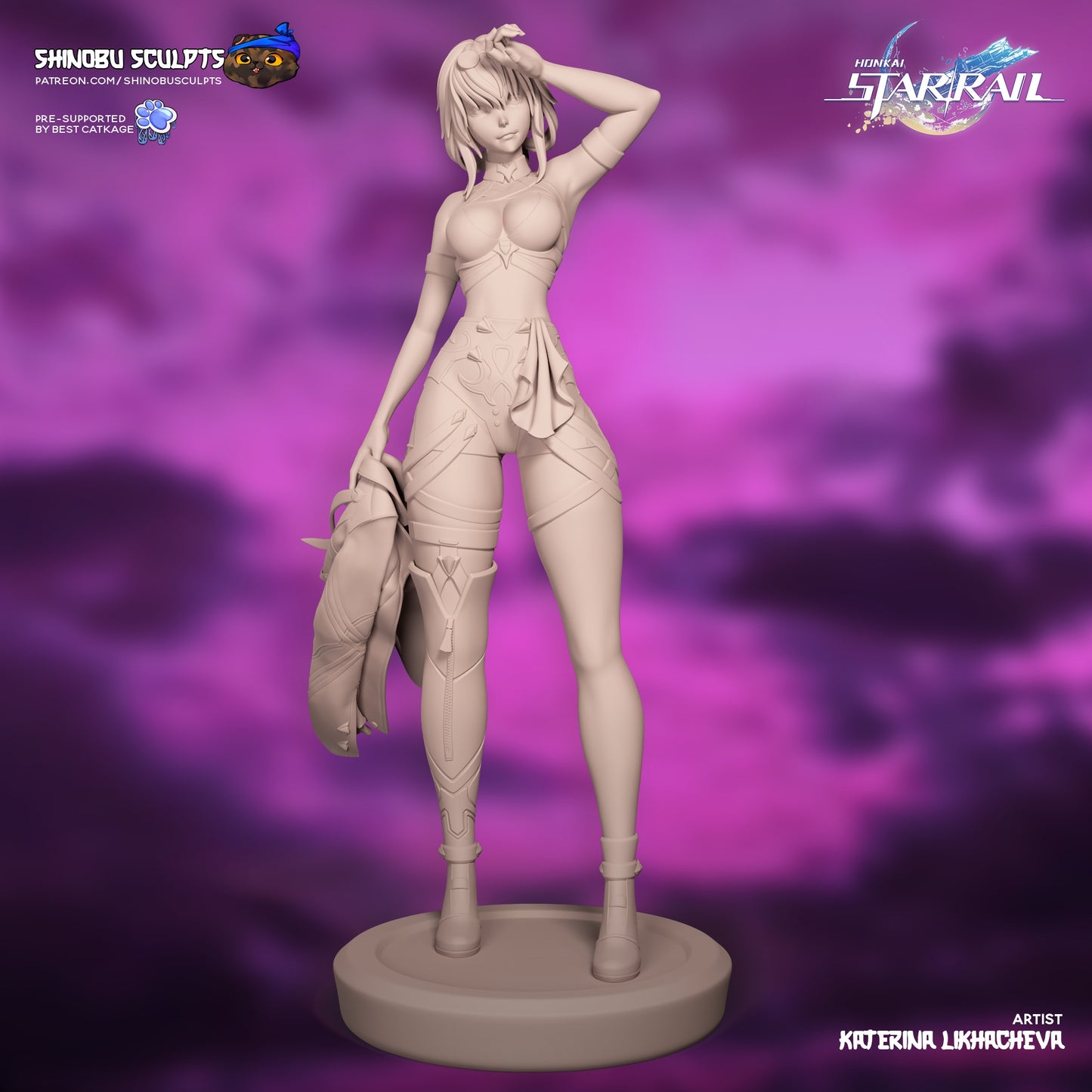 Kafka Honkai Star Rail 1:8 scale statue unpainted front view, one hand raised to head, jacket held in other hand, standing on round base.