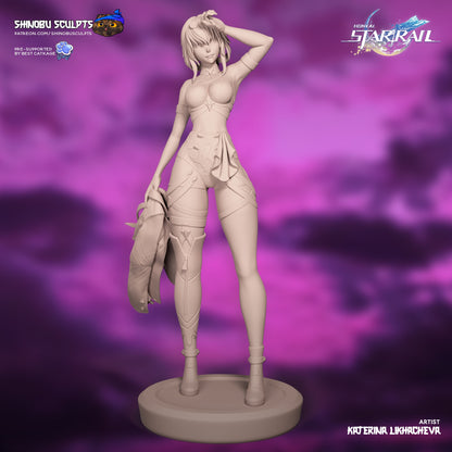 Kafka Honkai Star Rail 1:8 scale statue unpainted front view, one hand raised to head, jacket held in other hand, standing on round base.