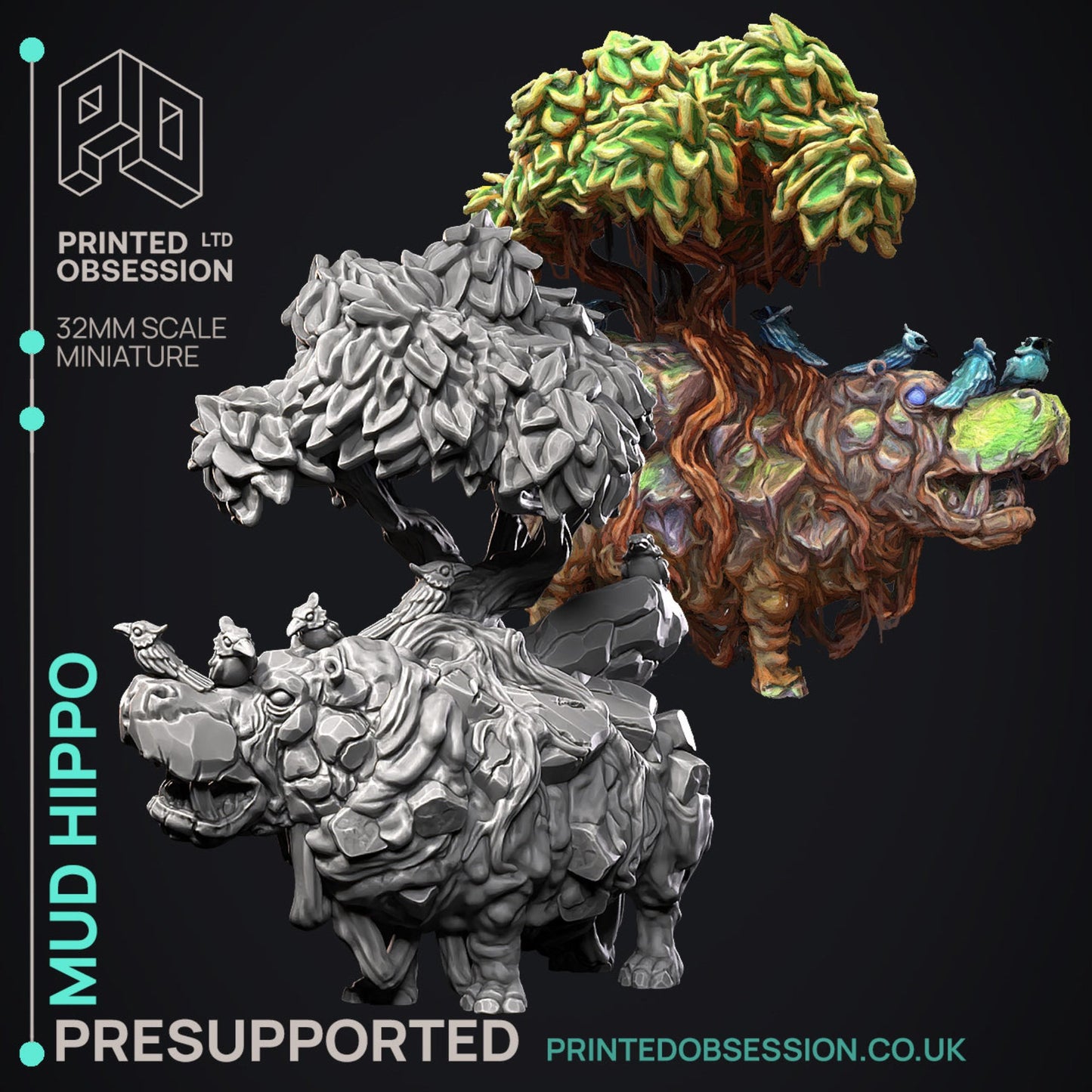 A 3D-printed Mud Hippo miniature, depicted as a fantastical creature with tree branches growing from its back and birds perched on its body, ideal for tabletop RPGs like Dungeons & Dragons, Pathfinder, or Warhammer.