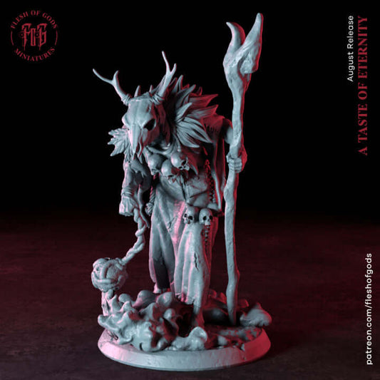 The Dark Druid miniature with deer skull headdress and gnarled staff for Dungeons and Dragons, TTRPG, Age of Sigmar, and Warhammer.