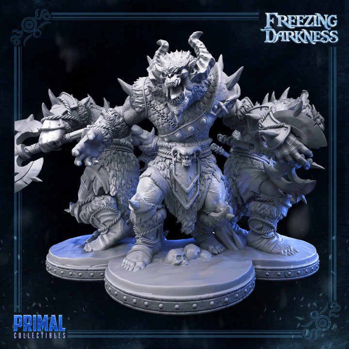 A detailed miniature of Freezing Darkness, a demonic Balor with menacing armor and a fiery whip, perfect for epic tabletop RPG encounters.