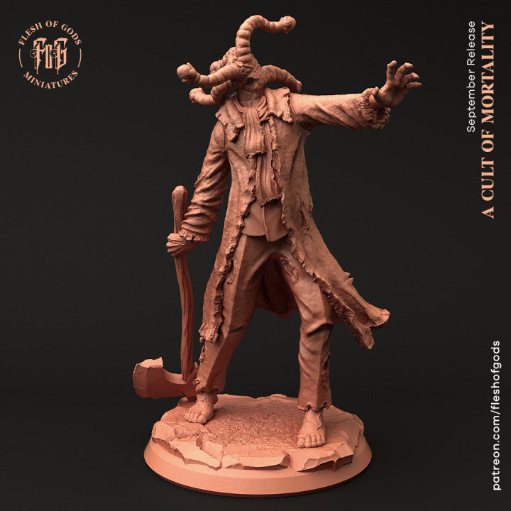 Miniature of a cultist with eyestalks protruding from his head, wearing a tattered cloak, wielding an axe, and posed casting a spell, ideal for tabletop RPGs.