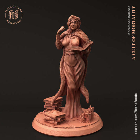 3D printed wizard miniature of a female in a low-cut dress, surrounded by books and candles, perfect for D&D, Pathfinder, and Age of Sigmar games.