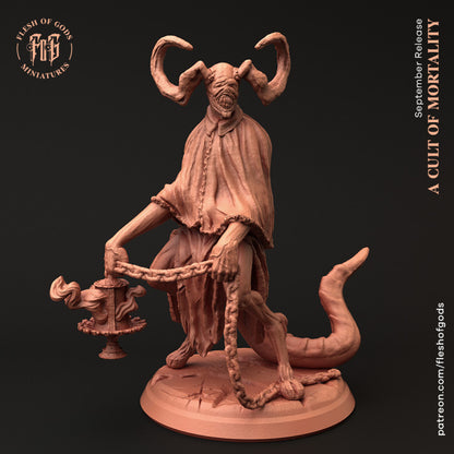 A "Nightmare" demon miniature with twisted horns, wearing a hooded robe, and holding a chained brazier. The demon's elongated tail coils behind it, adding an eerie touch to its ominous presence. Perfect for dark fantasy tabletop RPGs like D&D or Pathfinder.