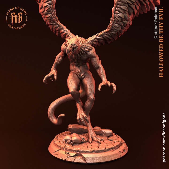 A Vrock, a demon from Dungeons & Dragons, depicted as a fearsome creature with vulture-like features, including a beaked face, clawed hands, and large bat-like wings, standing in a menacing pose.