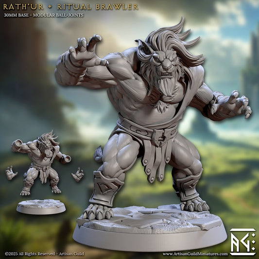 Rath’Ur ritual brawler beastfolk brute miniature, muscular anthropomorphic beast warrior, unarmed combat pose, aggressive stance, fantasy tabletop miniature