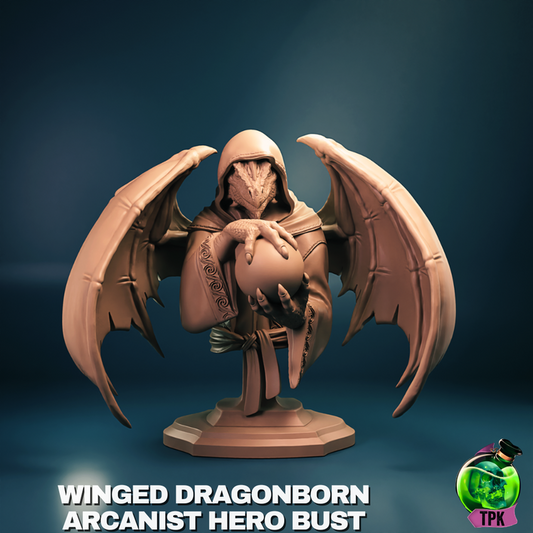 Winged Dragonborn male arcanist bust displaying a hooded robe, extended wings, and hands clasping a large orb, perfect for representing a wizard, sorcerer, or warlock in TTRPGs.