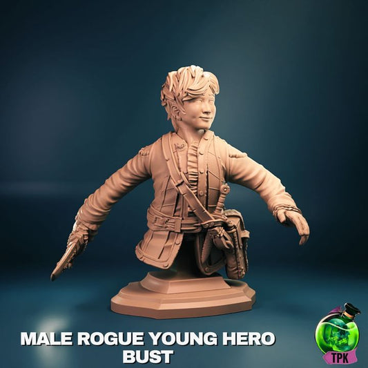 Bust of young male rogue with short tousled hair, arms outstretched in a sneaky pose, dressed in layered gear with pouches