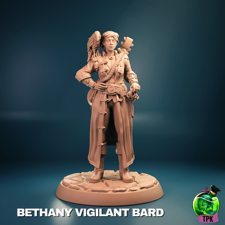 Bethany Vigilant Bard miniature standing with hand on hip, bird companion on shoulder, lute strapped to back, and long coat flowing – tabletop RPG bard figure.