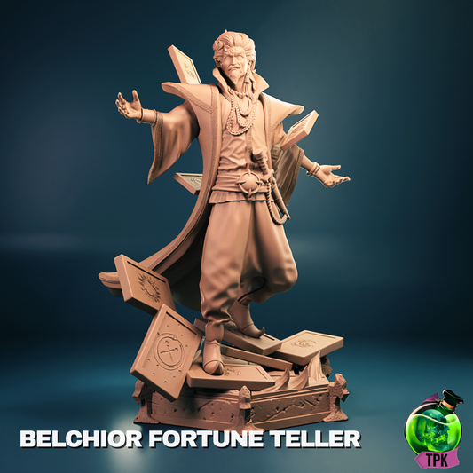 Belchior Fortune Teller Miniature: Fortune teller miniature standing atop arcane cards, wearing flowing robes and jewelry, arms outstretched in a dramatic pose
