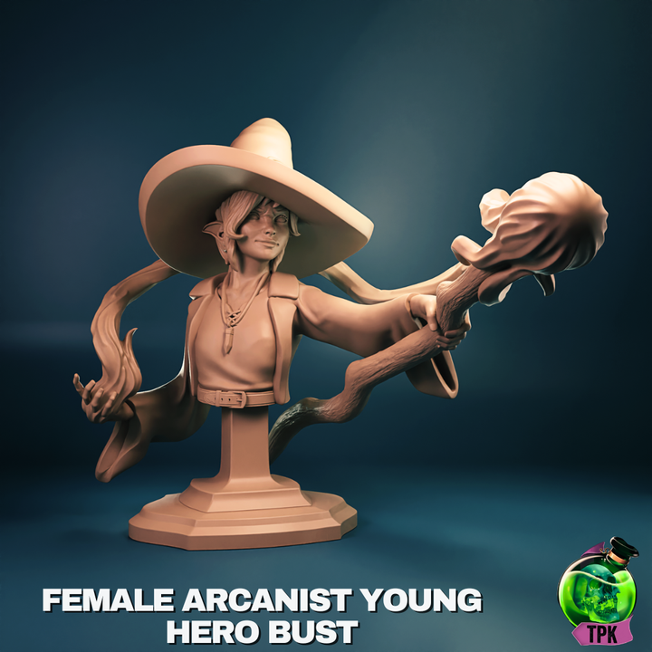 Bust version of the Young Elven Arcanist featuring a female elf wearing a wide-brimmed wizard hat, holding a twisted staff and casting a spell with her other hand.