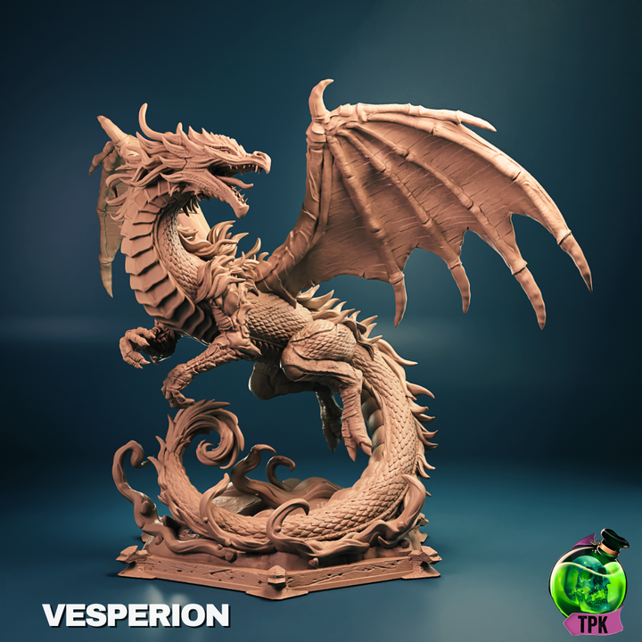 Eastern-style celestial dragon miniature with flowing mane, scaled body, large wings, and swirling clouds beneath. Ideal for Dungeons & Dragons or Pathfinder boss encounters.