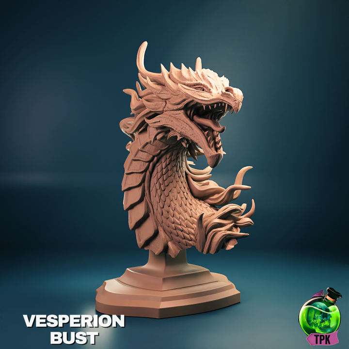 Roaring bust of a celestial dragon with detailed scales, sharp horns, and flowing whiskers. Designed for display or painting for fantasy TTRPG fans.
