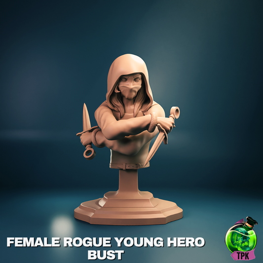 Bust version of the Young Elven Rogue showing a female elf wearing a hooded cloak with arms crossed, holding a dagger and short sword ready for action.