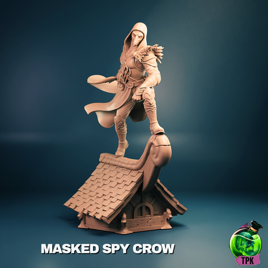 Masked elf rogue miniature in a hooded cloak, standing atop a rooftop with dagger ready.