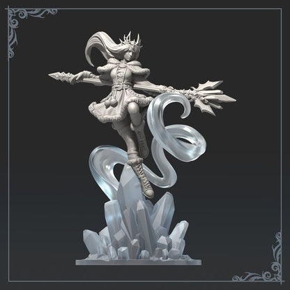 Front angle of Astralyn miniature showing swirling magical energy and crystalline base, depicting an ice sorceress ready to cast a frost spell.
