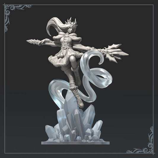 Front angle of Astralyn miniature showing swirling magical energy and crystalline base, depicting an ice sorceress ready to cast a frost spell.