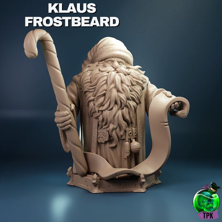 Klaus Frostbeard, a festive Santa-inspired miniature holding a candy cane staff and a scroll, ideal for Dungeons & Dragons or Pathfinder adventures.