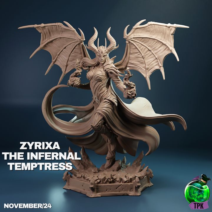 Zyrixa the Infernal Temptress stands in a powerful, elegant pose, with horns, bat-like wings, and flowing robes that seem to swirl with otherworldly energy. Her expression says she’s here to conquer — or charm — her way to victory.