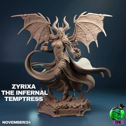 Zyrixa the Infernal Temptress stands in a powerful, elegant pose, with horns, bat-like wings, and flowing robes that seem to swirl with otherworldly energy. Her expression says she’s here to conquer — or charm — her way to victory.