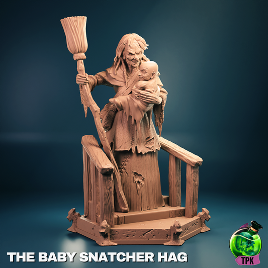 The Baby Snatcher Hag miniature on a wooden staircase base, carrying a torch and holding a bundled baby, forest hag model for tabletop games.